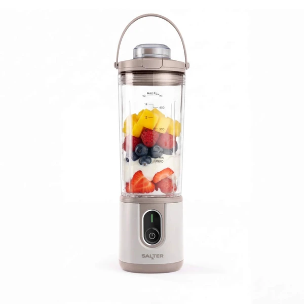 Portable blender with mixed fruit and yoghurt inside, shown upright on white background