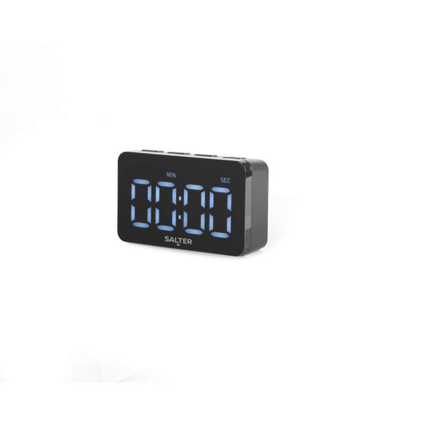 Black digital kitchen timer with large blue display, angled on white background
