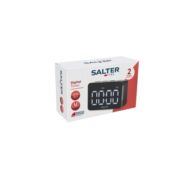 Boxed black digital kitchen timer with large display and 2 year warranty