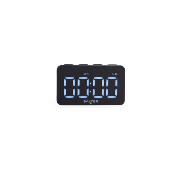 Black digital kitchen timer with large blue LED display, showing 00:00