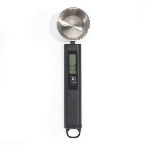 Digital black kitchen spoon scale with LCD display, shown from top view