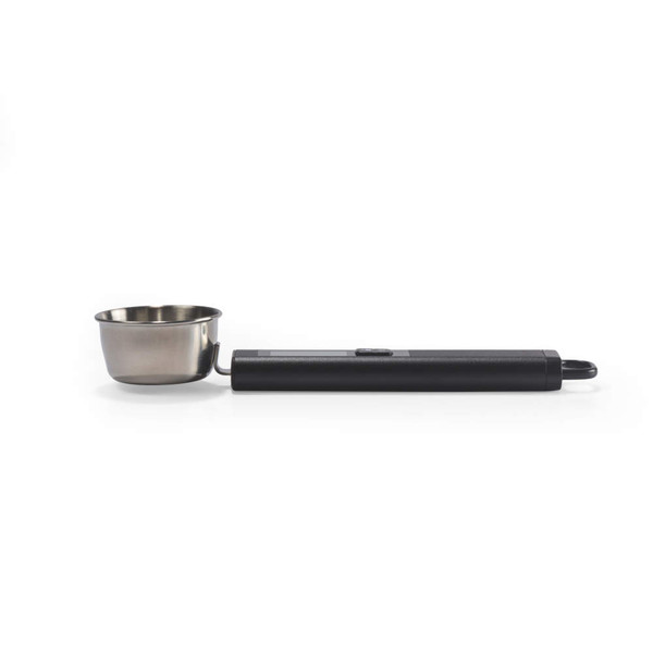 Digital spoon scale with stainless steel measuring cup and black handle, side view