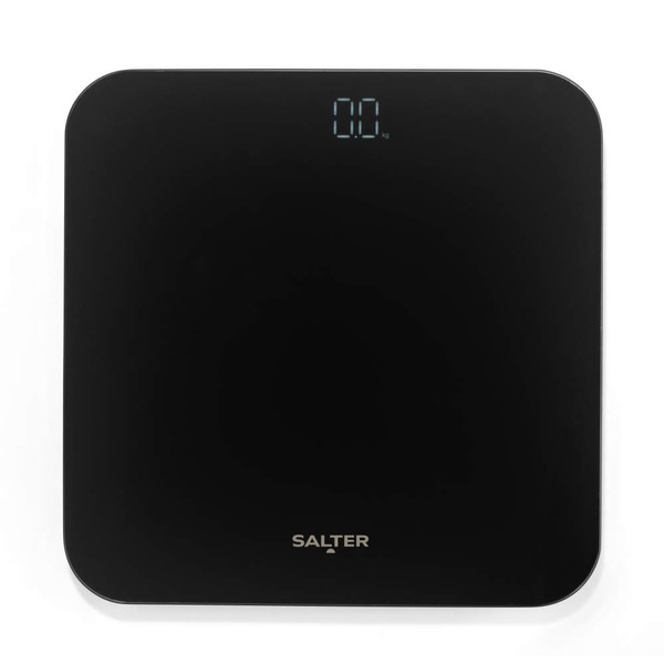 Black digital bathroom scale with Salter logo and illuminated display showing 0.0 kg