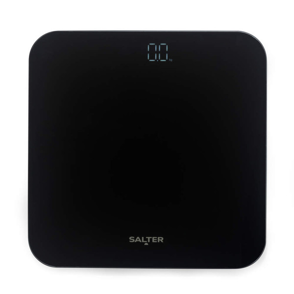 Black digital bathroom scale with Salter branding, shown from above