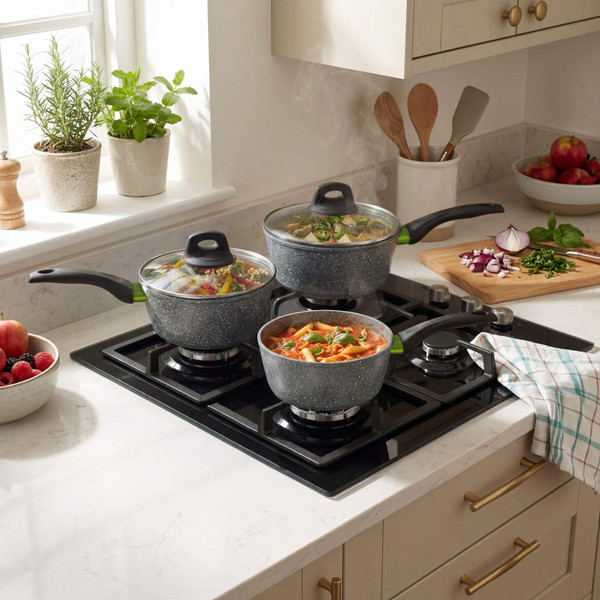 Set of three grey non-stick saucepans with glass lids on a hob in a modern kitchen