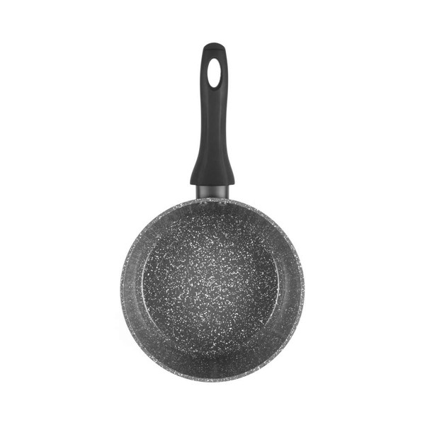 Grey non-stick frying pan with black handle, top view