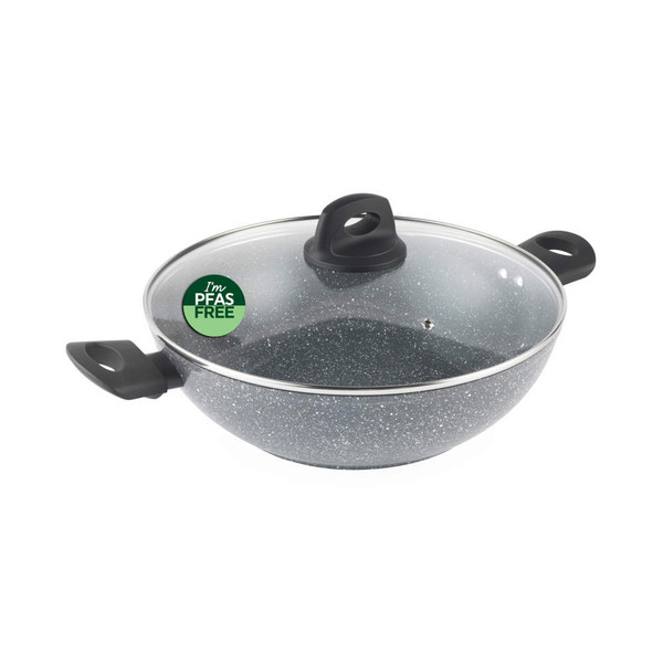 Grey non-stick wok with glass lid and PFAS free label