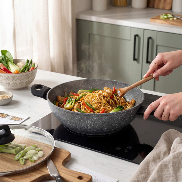 Grey non-stick wok with stir fry noodles, vegetables and chicken on induction hob