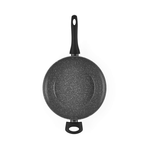 Grey speckled non-stick frying pan with black handle, viewed from above