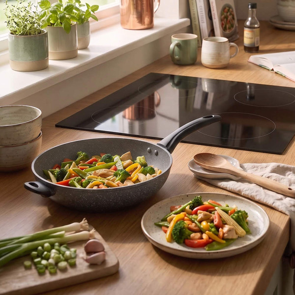 Non-stick frying pan with cooked stir fry, shown from above.