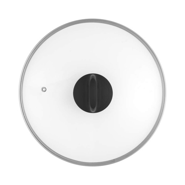 Glass pan lid with black handle, viewed from above