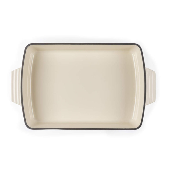 Rectangular cream ceramic roasting dish shown from above