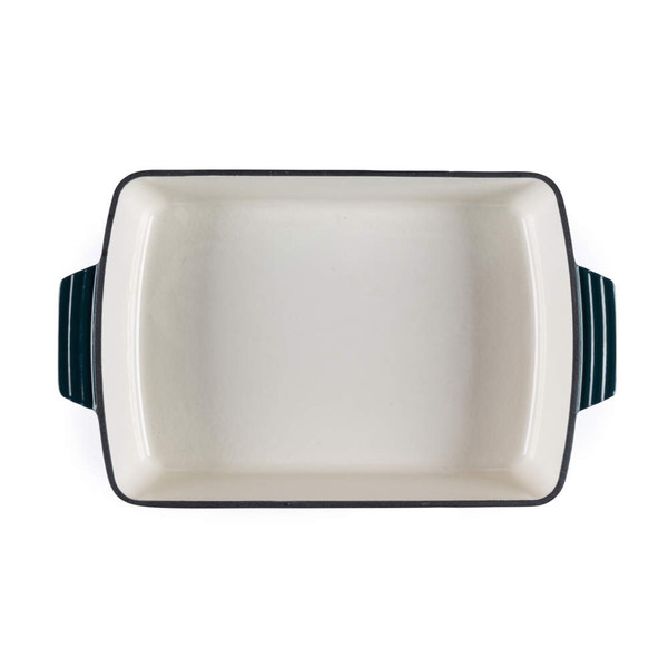 Rectangular green-handled ceramic roasting dish, top-down view