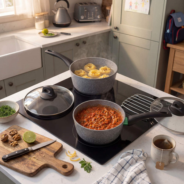 Grey saucepan with black handle cooking vegetable soup on hob, hand stirring with wooden spoon
