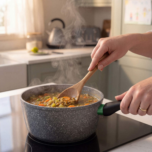 Small non-stick saucepan with black handle and glass lid, filled with pesto pasta