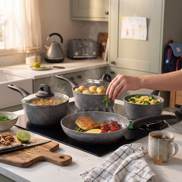 Small non-stick saucepan with black handle and glass lid, filled with pesto pasta