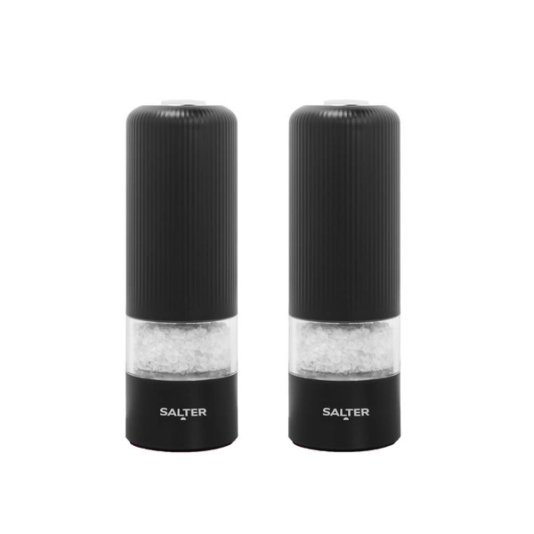 Set of two black electric salt and pepper grinders with SALTER branding