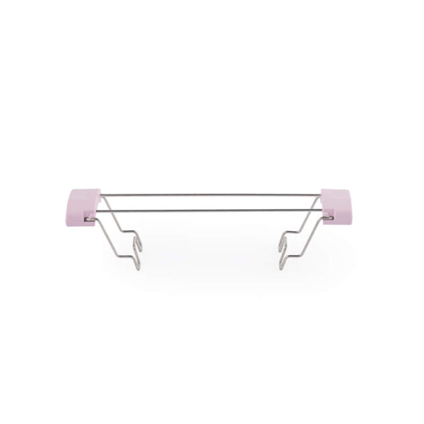 Metal over-door rack with two rails and pink plastic ends