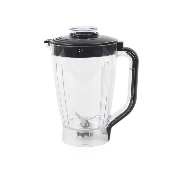 Clear plastic blender jug with black lid and handle, shown side view