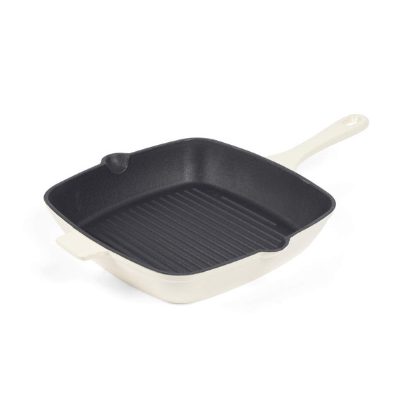Cream square cast iron grill pan with handle, shown at angle.