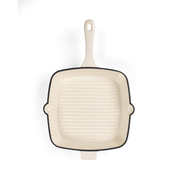 Cream cast iron square grill pan with handle, shown from above