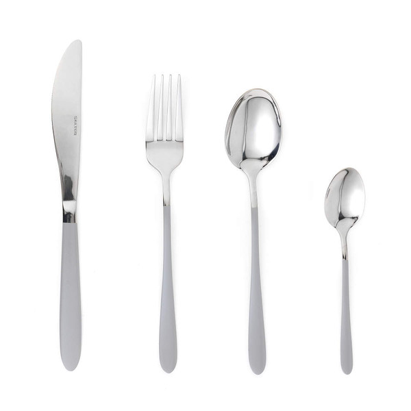 Four-piece silver cutlery set with knife, fork, tablespoon and teaspoon, shown on white background