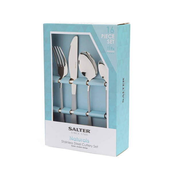 16 piece stainless steel cutlery set with light blue handles in gift box