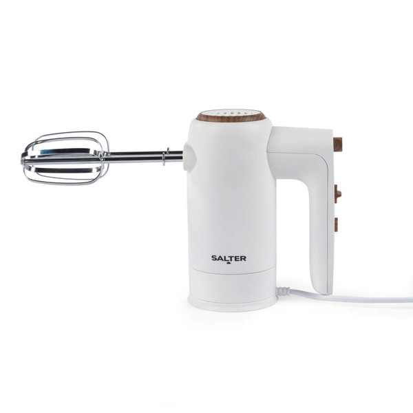 White electric hand mixer with wood accents, side view, Salter brand