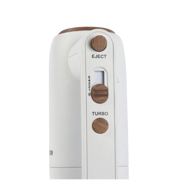 White hand mixer controls with wood-effect buttons, showing speed, eject, and turbo.