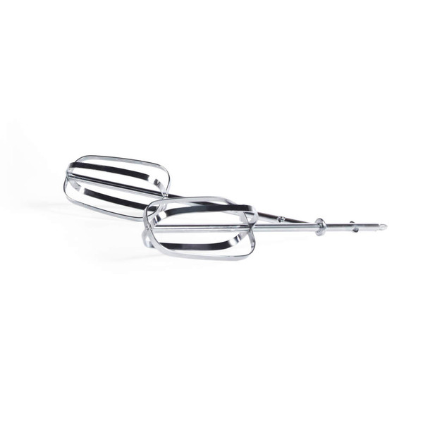Pair of silver hand mixer beaters on white background, showing attachment style.