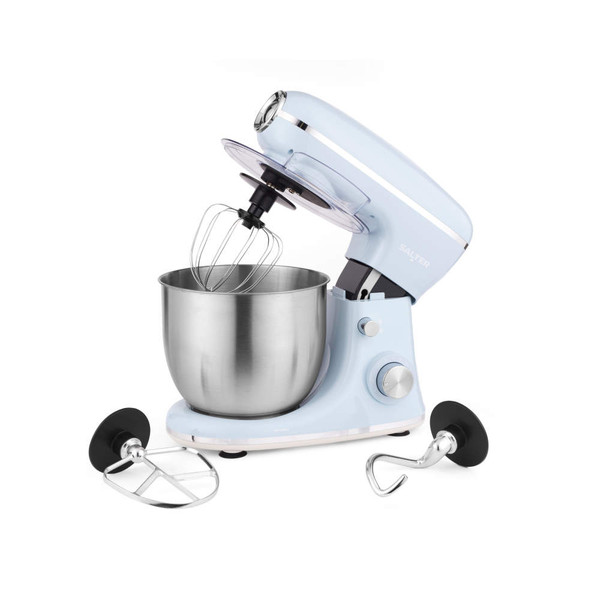 Blue stand mixer with stainless steel bowl and three attachments
