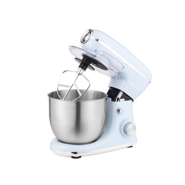 Light blue stand mixer with stainless steel bowl and beater attachment, angled side view
