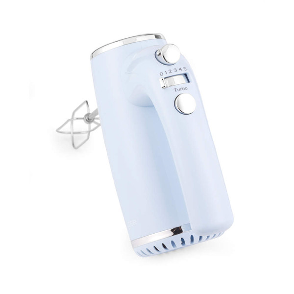Pastel blue electric hand mixer with metal whisk attachment, shown at an angle.