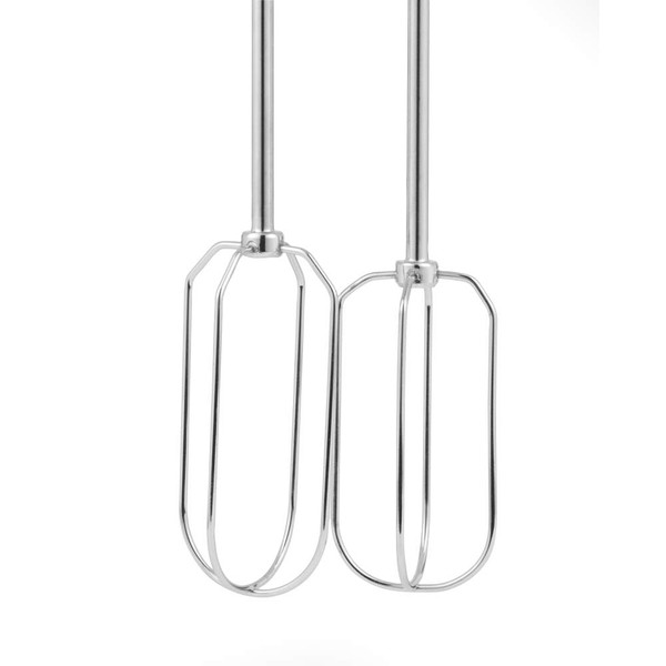 Pair of stainless steel hand mixer beaters shown upright on white background