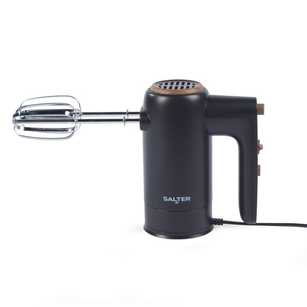 Black electric hand mixer with chrome beaters and wood-effect accents, side view