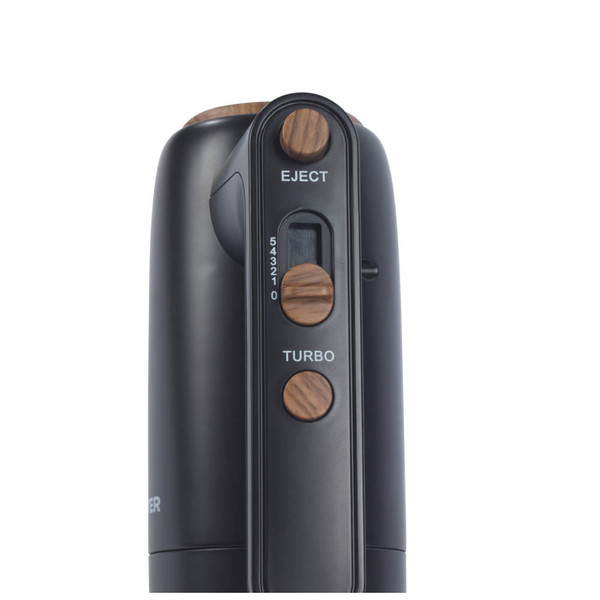 Black hand mixer close-up showing wood-look control buttons and speed settings