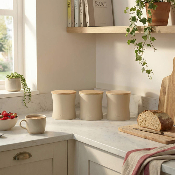 Set of three beige kitchen storage jars with wooden lids on marble worktop
