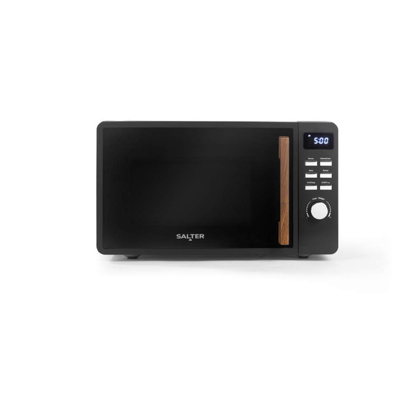 Black microwave oven with wood-effect handle and digital controls, front view