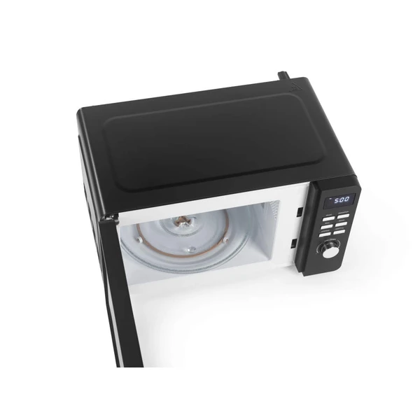 Black microwave with digital control panel and open door, top-down product view