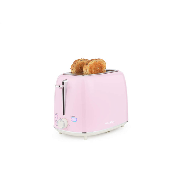 Pink two-slice toaster with seeded bread, featuring illuminated cancel button.