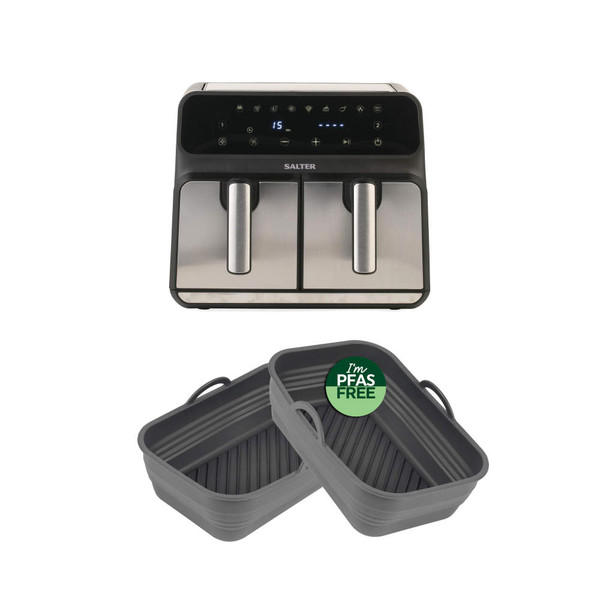 Dual drawer air fryer with two grey PFAS free silicone trays