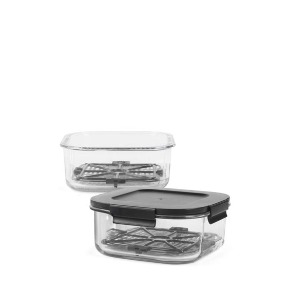 Set of two clear square food storage containers with black lids