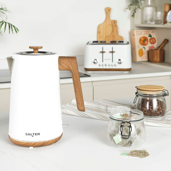White and wood effect electric kettle on kitchen counter