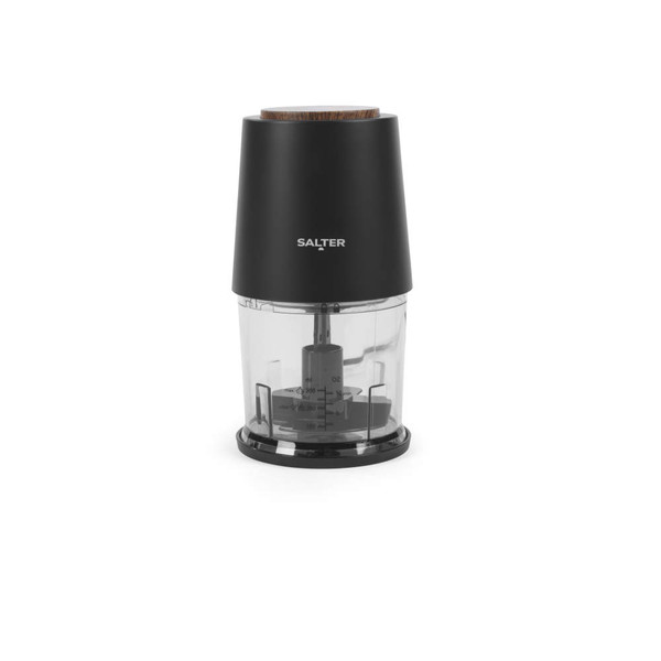 Compact black electric food chopper with clear bowl, suitable for quick food prep at home