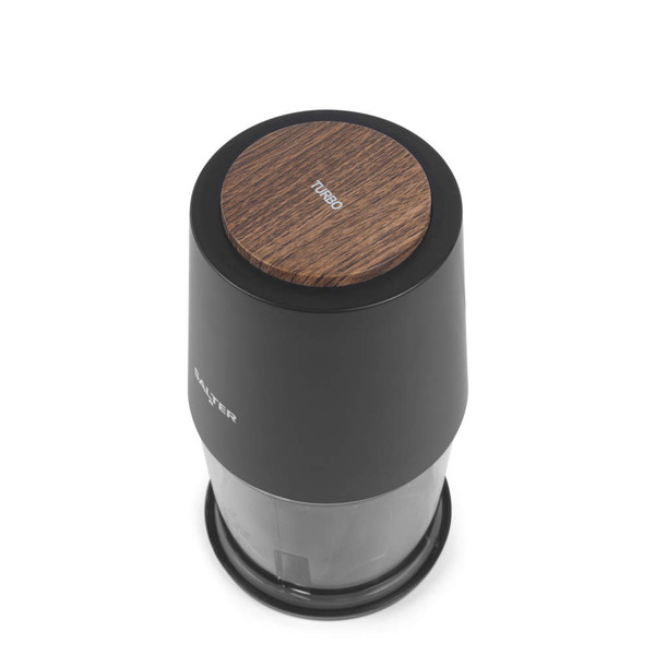 Black electric grinder with wood-effect top viewed from above