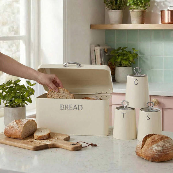 Cream bread bin in kitchen with hand placing bread inside, matching storage jars nearby