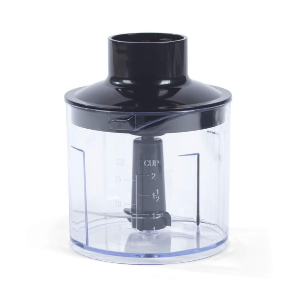 Clear plastic food processor bowl with black lid and measurement markings