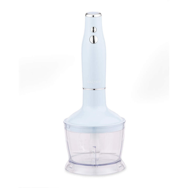 Blue hand blender with clear chopping bowl on white background