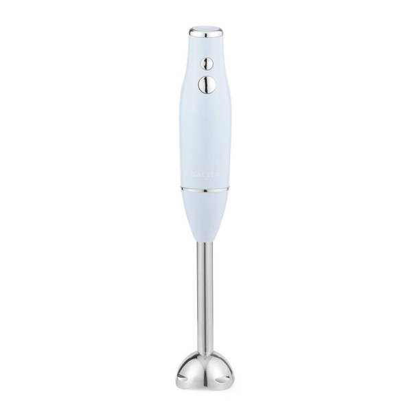 Light blue hand blender with stainless steel blending shaft shown upright