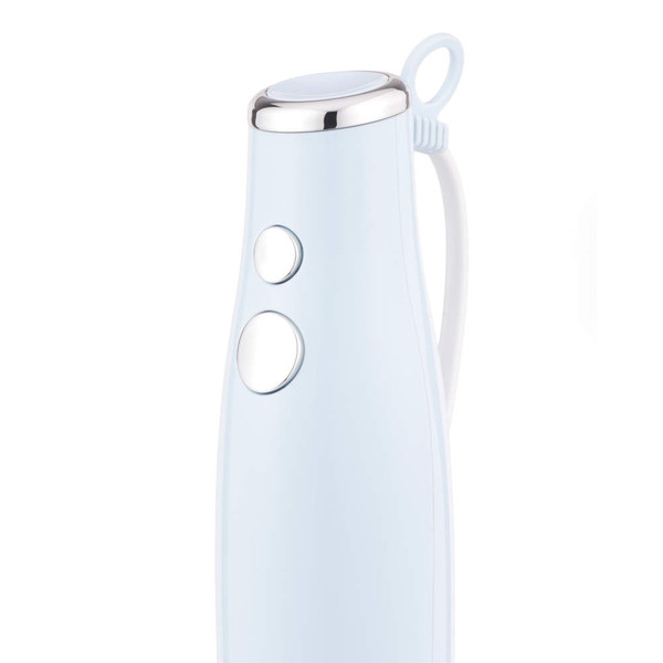 Close-up of light blue handheld electric whisk, showing buttons and handle.